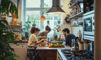 Studenten in ihrer WG Küche kochen zusammen und sparen Geld