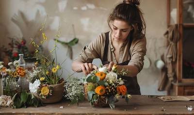 eine Frau hat gelernt wie man Blumen bindet und macht einen schönen Strauß