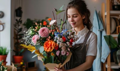 florist online ausbildung mit tablet und blumengesteck