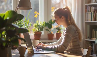 frau beim lernen im home office am schreibtisch
