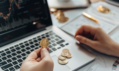 Goldmünze in der Hand neben Notizen zur Geldanlage als Symbol für Finanzwissen